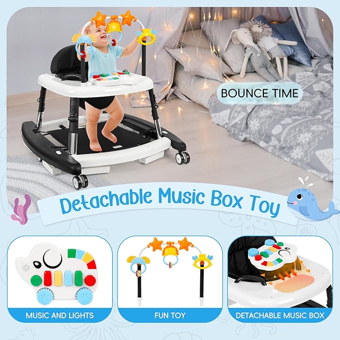 5-in-1 Music and Lights Baby Walker Foldable with 5 Adjustable Heights, Baby Walker with Wheels and Bouncer Combo Portable, Infant Toddler Walker for Baby Boy Girls 6-18 Months