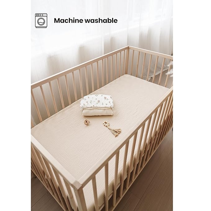 Konssy Muslin Crib Sheets for Girl Boy, 2 PCS Soft and Breathable Cotton Baby Sheets for Standard Crib Mattress, 52"x 28" (Blossom, Cream)