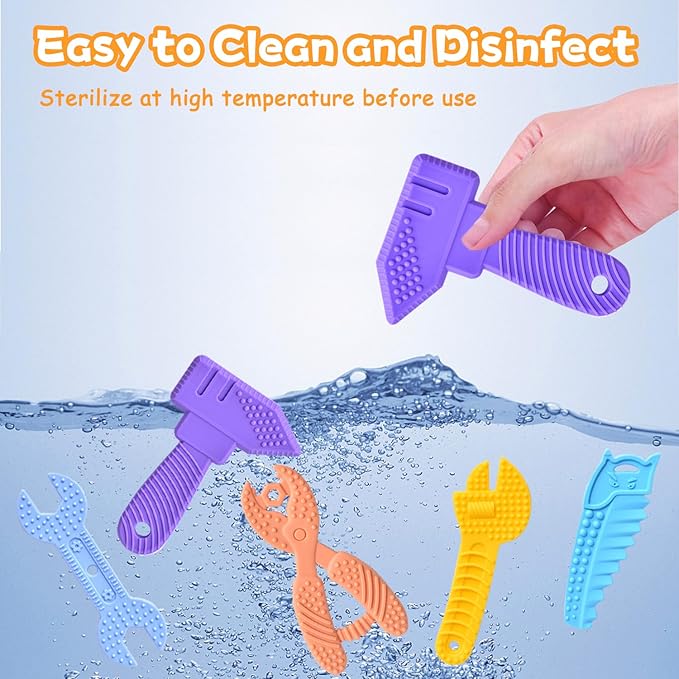 Baby Teething Toys for 0-6 / 6-12 Months - Molar Teether Chew Toys Set BPA Free Silicone, Soft Textures - Hammer Wrench Scissors Shape Gift 5-Pack