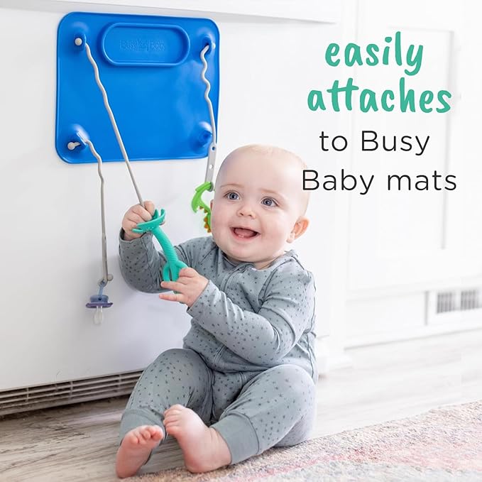 BUSY BABY New Parent Start Up Kit - Original Placemat, Mini Mat, Teether Spoon, Toy Bungee, Bottle Bungee, 6 Straps (Pewter)