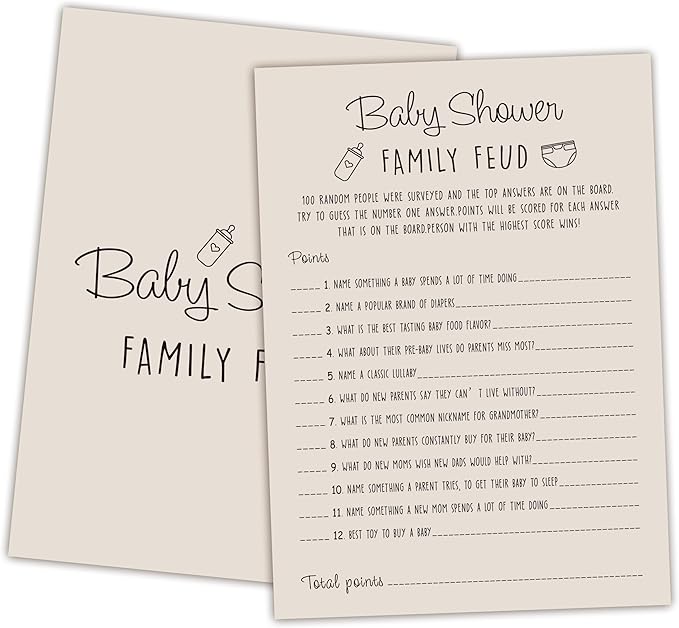 Baby Shower Family Feud Game - 30 Cards, Answer Key, Gender Neutral Decorations for Boy & Girl - Light Brown