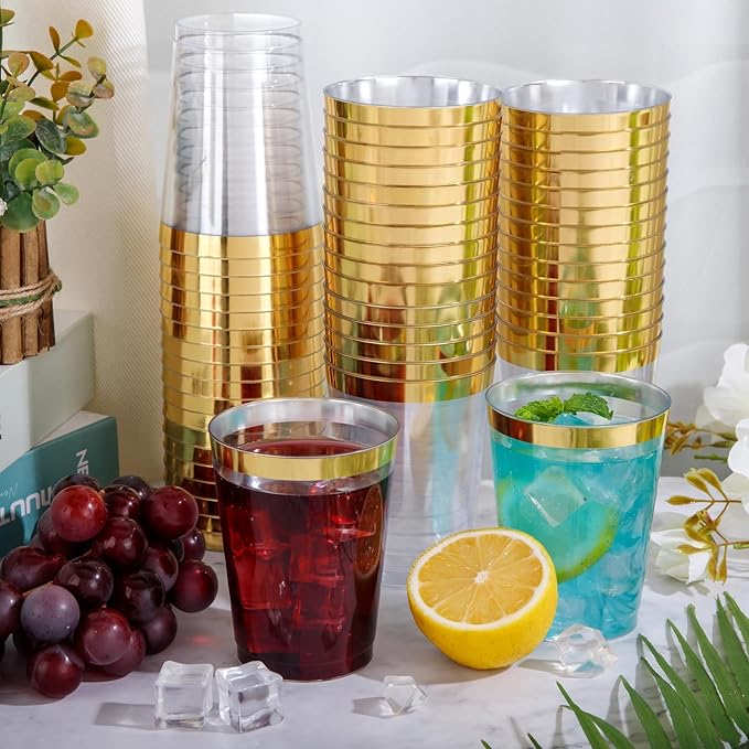 supernal 200pcs Gold Plastic Cups,Hard Plastic 10oz Party Cups,Disposable Cups for Picnics, Barbecues, Camping Trips, and Beach Parties,Weddings