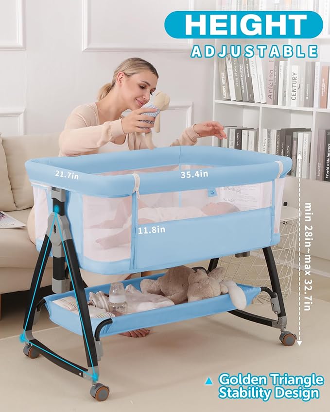 3 in 1 Baby Bassinet, Bedside Crib with Breathable Mesh, Bassinet Bedside Sleeper with Wheels, Mosquito Net, Storage Basket, 6 Height Adjustable, Easy to Fold, Dark Black