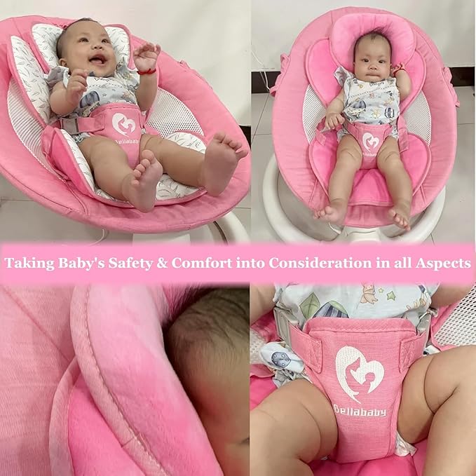Bluetooth Baby Swing for Infants, Compact & Portable Baby Swing for Girl, 3 Seat Positions, 5 Swing Speed, 10 Music, Remote Control, USB Plug-in Power, Reversible Cushion for All Seasons