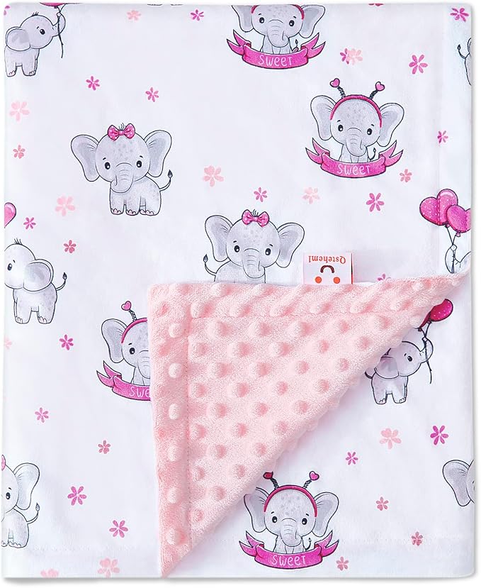 QSTEHEML Baby Blankets for Girls,Super Soft Elephant Nursery Minky Blanket Neutral,Baby Gifts Double Layer with Dotted Backing,Pink Newborn Blankets for Crib Stroller(Elephant, 30 * 40inch)