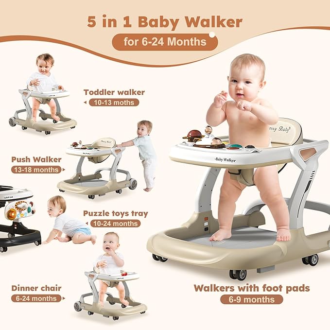 Baby Walker,Music & Lights Baby Walker with Wheels,9 Adjustable Heights Baby Activity Center,Baby Walkers with Foot Pads for Boys Girls Babies 6-18 Months,Anti-Fall Bouncer Combo