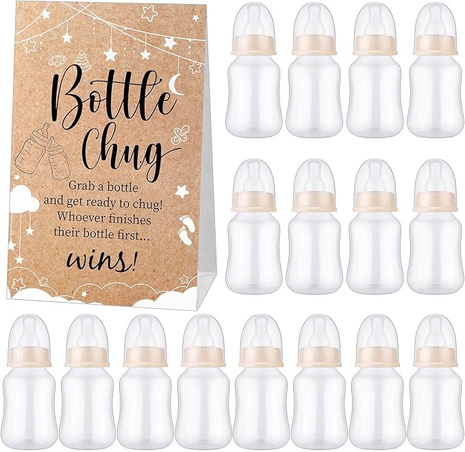 TrelaCo Bottle Chug Baby Shower Game 20 Pcs Baby Bottles Shower Favor with 1 Kraft Theme Sign for Gender Reveal Party Supplies Gifts(Beige)