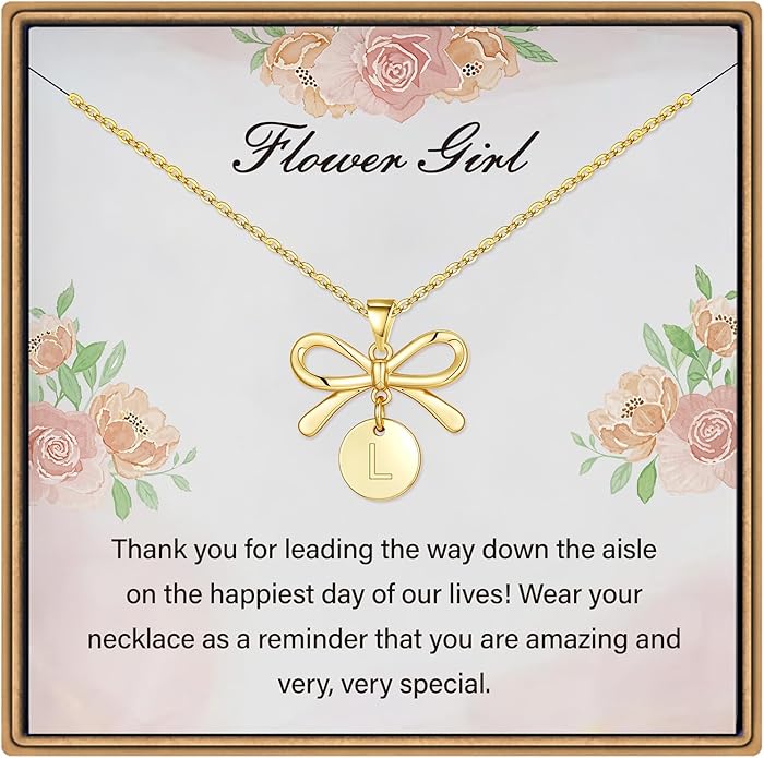 IEFLIFE Flower Girl Gifts - 14K Gold Plated Disc Initial Flower Girl Proposal Necklace Gifts for Girls from Bride, Bow Necklace Gift for Girls on Wedding Bridal Shower Party Jewelry