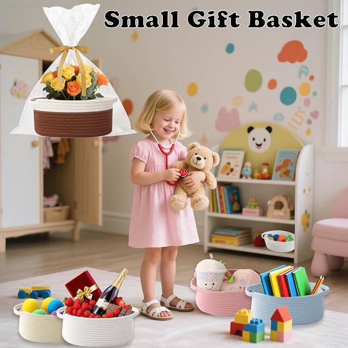 Gift Basket with Gift Bag and Ribbons,Small Rope Woven Shelf Storage,Baskets for Gifts Empty,Birthday,Shower,Decorative Organizer Box for Cat Dog Pet with Handles(White&Brown)