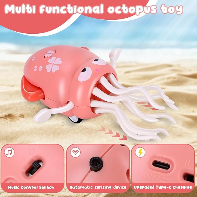 Dancing Octopus Baby Toy, Tummy Time Toys, with Music and Led Light, Automatically Avoids Obstacles, Crawling Toy Suitable for Birthday Gifts for Toddlers Over One Month Old(Pink)