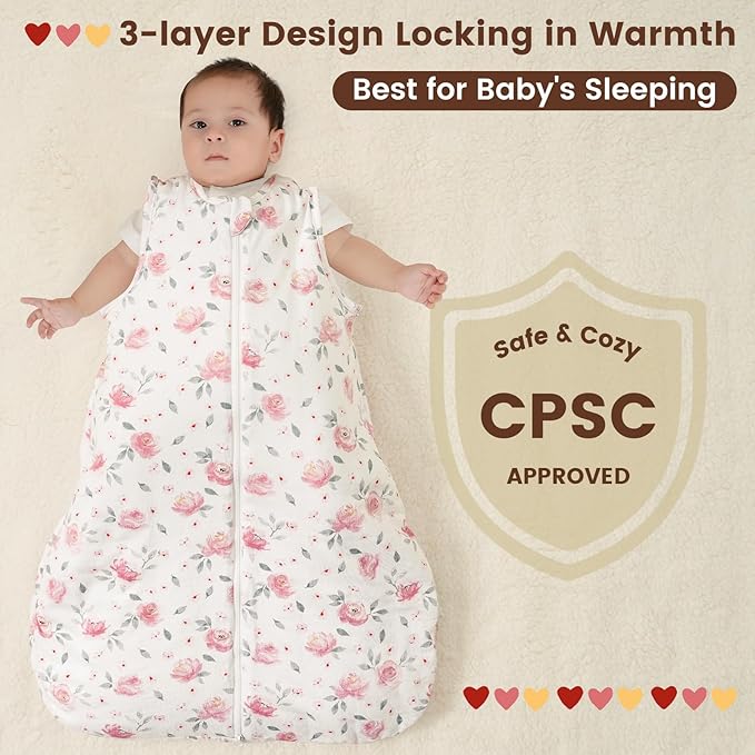 PHF 100% Cotton Baby Sleep Sack 6-12 Months, 2.5 TOG Winter Baby Wearable Blanket with 2-Way Zipper, Warm Comfy Quilted Sleeping Bags, Infant Sleeping Sack for Newborn Girls, Medium Size, Pink Floral