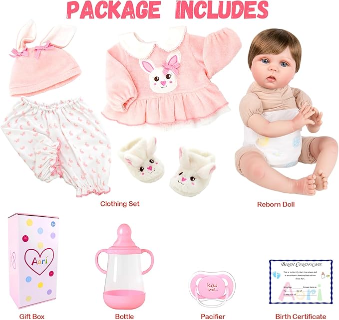 Aori Lifelike Reborn Baby Dolls - 22 Inch Realistic Newborn Baby Girl - Soft Vinyl Reborn Toddler with Feeding Set & Bunny Outfit Real Life Baby Doll for Kids 3+, Toddlers & Collectors