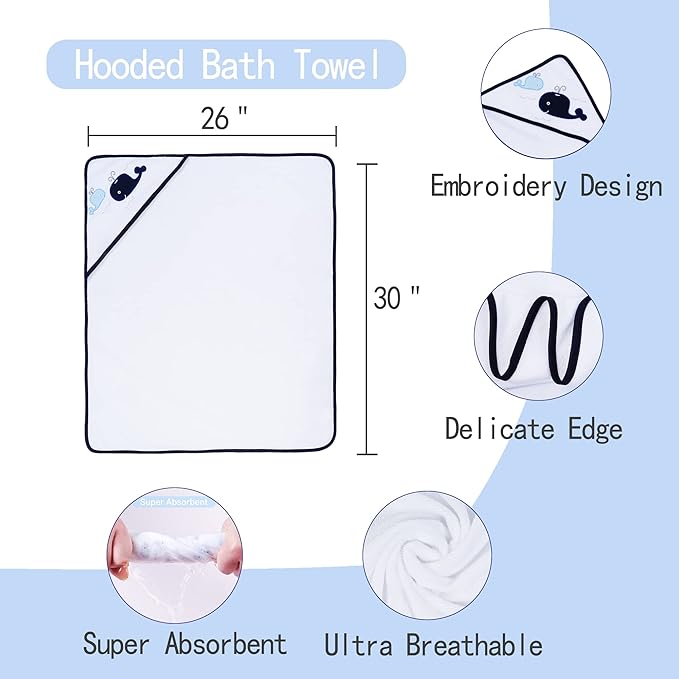 Viviland Baby Towels and Washcloths, Soft Absorbent Baby Boy Bath Towel Set, Whale Hooded Towels with 5 Infant Washcloths,(6 Pieces)