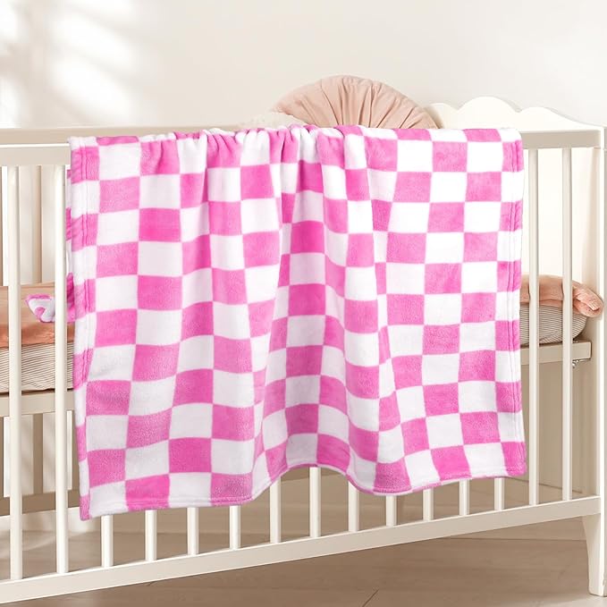 Plush Checkered Baby Blanket for Boys Girls Nursery, 30"*40" Warm Short Fleece Blanket Neutral for Infant Newborn, Small Fuzzy for Sleeping, Chenille Baby for Stroller (Pink&White)