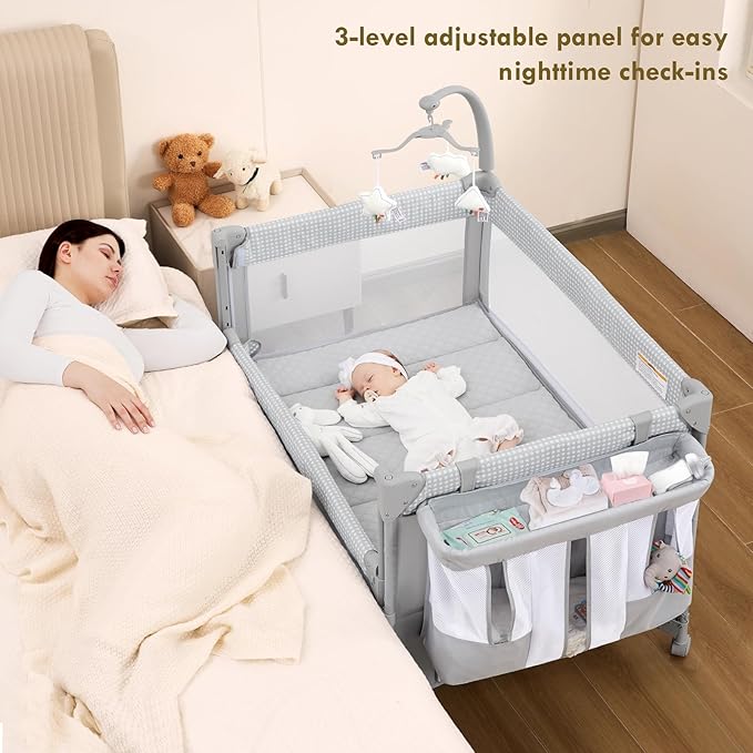 Baby Bassinet Bedside Crib, Pack and Play with Mattress, Diaper Changer, One-Push Setup Playards from Infants to Toddlers (Grey)