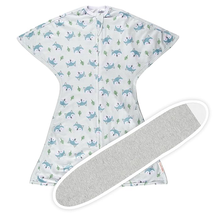 SleepingBaby Zipadee-Zip Transition Swaddle (Happy Wolf, Small for 4-8 Months) and Snuggle Strap (Grey, One Size) - Wearable Baby Blanket and Accessory for Easy Diaper Changes - Polyester, Spandex