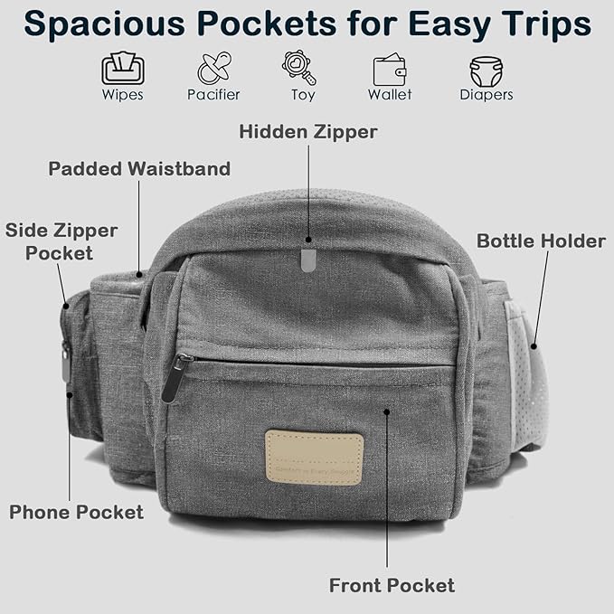 Baby Hip Seat Carrier, Adjustable Waistband with 3D Abdominal Support & Various Pockets Ergonomic Carrier for Newborns to Toddlers up to 33 lbs Medium Light Grey