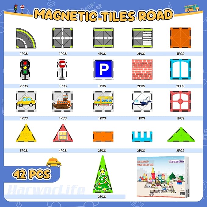 Magnetic Tiles Road Set, Magnetic Building Blocks for Kids Ages 3+Year Old, Montessori Educational Magnet Toys for Toddler Kids, STEM Creative Toy for Christmas Birthday Gifts