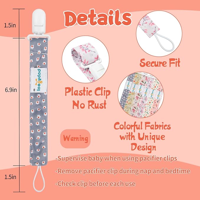 Babygoal Floral Pacifier Clips, 6 Pack Binky Paci Holder Clips and Leash for Boys and Girls Fits for Most Pacifier, Binkie Styles & Baby Teethers & Toys and Gift 6PS21