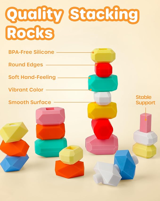 D-FantiX 39 PCS Silicone Sorting Stacking Rocks Stones, Sensory Learning Montessori Toys for 3 4 5 6 Year Old Kids, Educational Stacking Toys Building Blocks for Toddlers