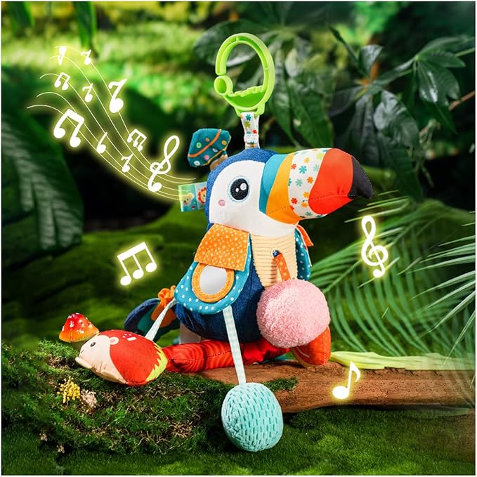 Jollybaby Musical Activity Pull String Hanging Toy for Baby Stroller Car Seat Crib Play Gym, Plush Stuffed Toucan Sensory Toys for Carseat with Music Teether Rattles, Baby Boys and Girls Gift