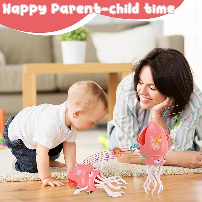 Dancing Octopus Baby Toy, Tummy Time Toys, with Music and Led Light, Automatically Avoids Obstacles, Crawling Toy Suitable for Birthday Gifts for Toddlers Over One Month Old(Pink)