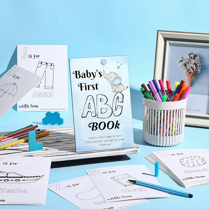 Geelin 51 Pcs Fun Baby Shower Game Activities First Abc Book Sign Coloring Game Card 26 Alphabet a to Z Coloring Card with 24 Watercolor Pen Storage Bag for Baby Shower Party(Blue Elephant)