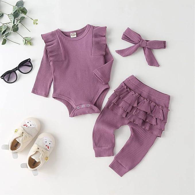 Fullfamous Baby Girl's 3pc Rib Frill Long Sleeve Romper and Pant Set