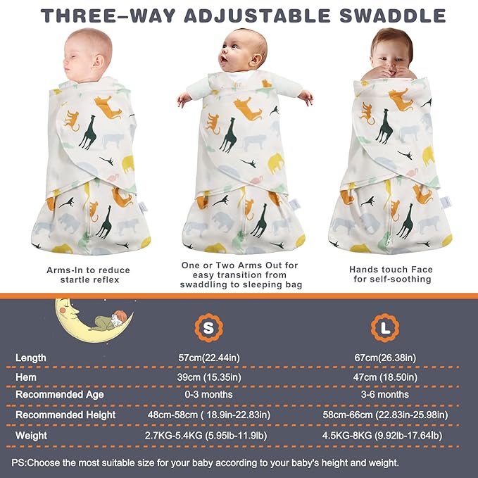 Swaddle-Blanket Baby Girl & Boy Swaddles Newborn Infant Transition 100% Cotton Wrap Blankets, 3-Way Adjustable Wearable Blanket, TOG 1.0 (Colorful Zoo,Small,0-3 Month)