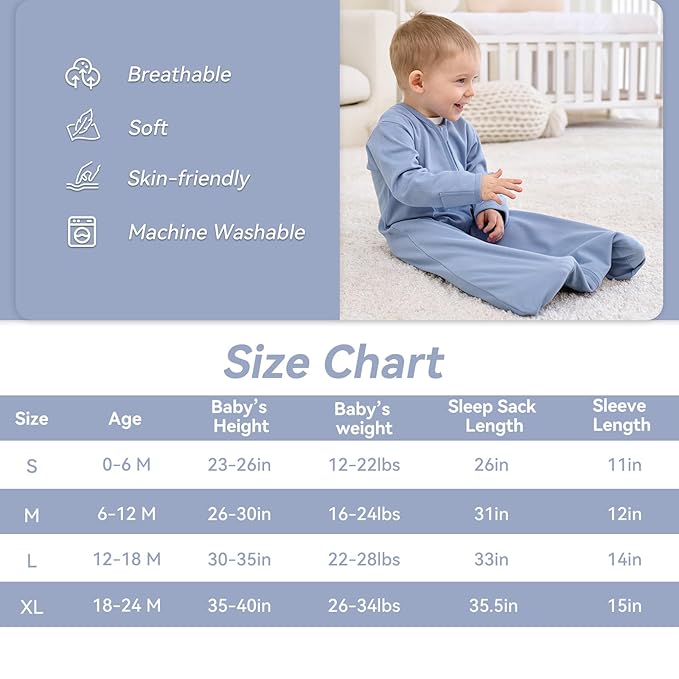 Baby Sleep Sack 6-12 Months, Long Sleeve Baby Wearable Blanket 0.5 Tog with Mittens, 2-Way Zipper Infant Cotton Sleeping Sack for Boy and Girl Blue Sea 2 Pack (Medium)