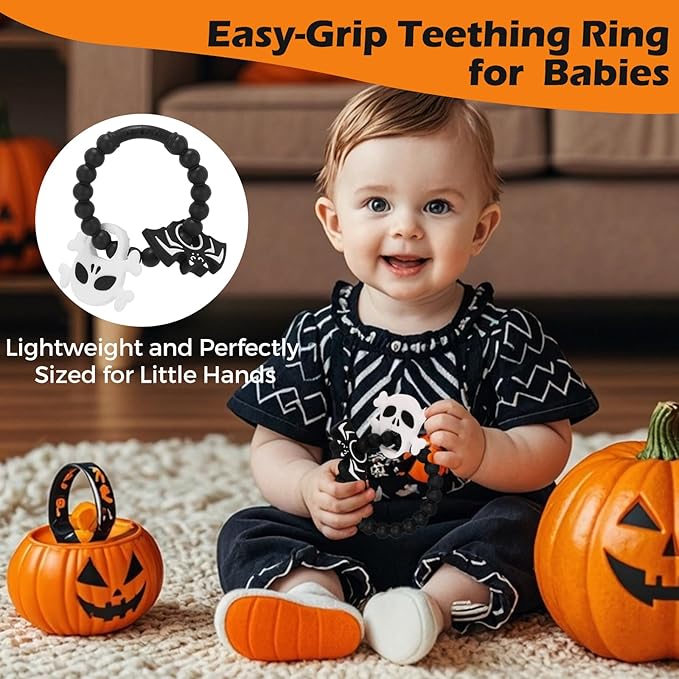 Halloween Baby Teething Ring Toys – Skull & Bat Silicone Teethers for Newborns, Infants & Toddlers – Sensory Chew Bracelet for Teething Relief – Perfect Baby’s First Halloween Basket Stuffers