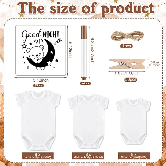 Panitay 126 Pcs Baby Shower DIY Bodysuit Set Rustic Kraft Baby Shower Game Sign DIY Bib 25 Blank White Newborn Bodysuit 25 Stencils 24 Marker 1 Sign 50 Pins for Gender Reveal(Bear)