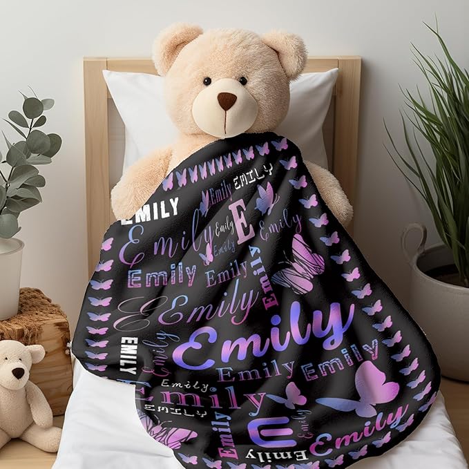 Ship Next Day, Custom Name Blanket - Printed in USA, Personalized Baby Blankets for Girls, Baby Blanket with Butterfly, Ultra-Soft Cozy Fleece Blankets, Gifts for Boys & Girls Kids Teen Girl New Mom