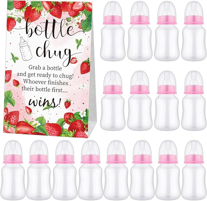 TrelaCo Bottle Chug Baby Shower Game 20 Pcs Baby Bottles Shower Favor with 1 Strawberry Theme Sign for Gender Reveal Party Supplies Gifts(Pink)