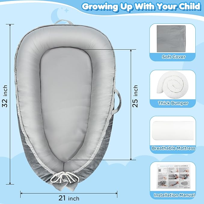Baby Lounger - Baby Lounger for Newborn 0-24 Months, Breathable & Soft Cotton and Velvet Cover Baby Nest, Portable Cozy Infant Lounger for Home and Travel, Ideal Baby Essentials & Shower Gifts