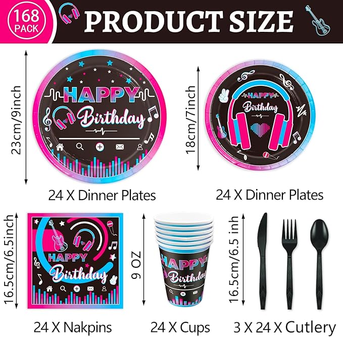 168Pcs Music Party Supplies Tableware Set Disposable Paper Plates Napkins Cups Cutlery for Music Party Theme Birthday Decorations, Serve 24 Guests