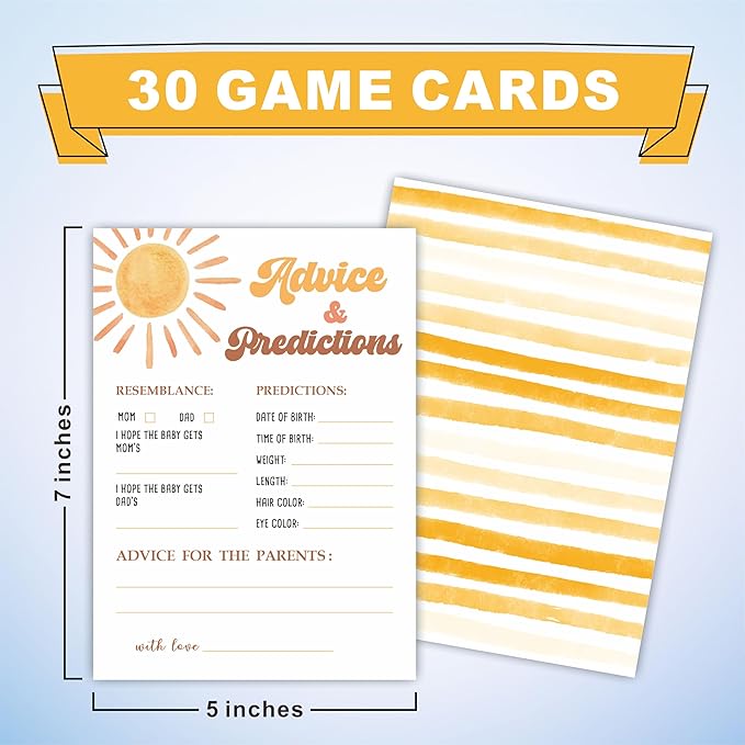 Prediction & Advice Game Set For Baby Shower - Watercolor Sunshine - 30 Double-Sided Fill In Style Game Cards For Gender Reveal, Baby Announcement, Party Favor & Supplies - B01