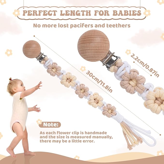 Pacifier Clip for Boys Girls Floral Daisy Macrame Baby Paci Clip Pacifier Holder Leash Boho Wooden Clips Handmade Braided Cotton Binky Clips (1pack:Light Yellow Daisy A)