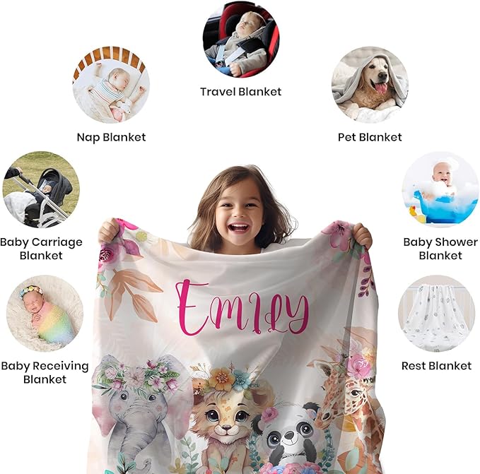 Personalized Baby Blanket, Customized Easter Blanket with Names, Jungle Animal Blanket for Toddler, Custom Easter Baby Blanket for Boys, Girl & Kids, Baby Boy Newborn Soft