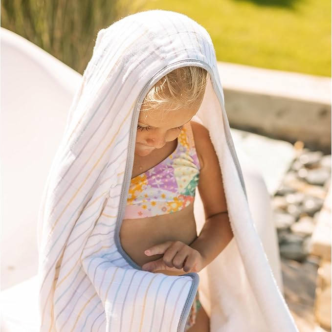 Little Unicorn Premium Hooded Bath Towel| Absorbent Cotton & Terry Blend | Larger Size, 1-6 Years (Unicorn Stripe)