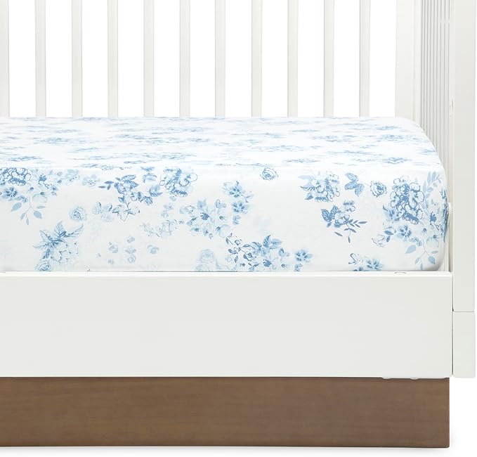 Delta Children Fitted Crib Sheets for Girls and Boys - 100% Organic Cotton Crib Sheet for Standard Crib and Toddler Mattresses - 28x52 Inch - GOTS Certified (Pack of 3), Blue Botanicals