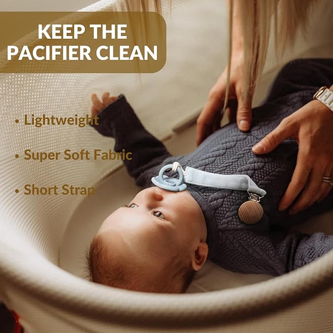Baby Pacifier Clip, 2 Pack Fabric Pacifier Clips, Super Soft Fabric Strap with Wooden Clip, Pacifier Clips for Baby Girl & Boy (Cream/Sage)