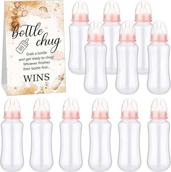 TrelaCo Cool Baby Shower Games Sets 12 Pcs Feeding Bottles with 1 Bottle Chug Sign for Gender Reveal Baby Shower Party Favors Decoration Games(Bear,Brown)