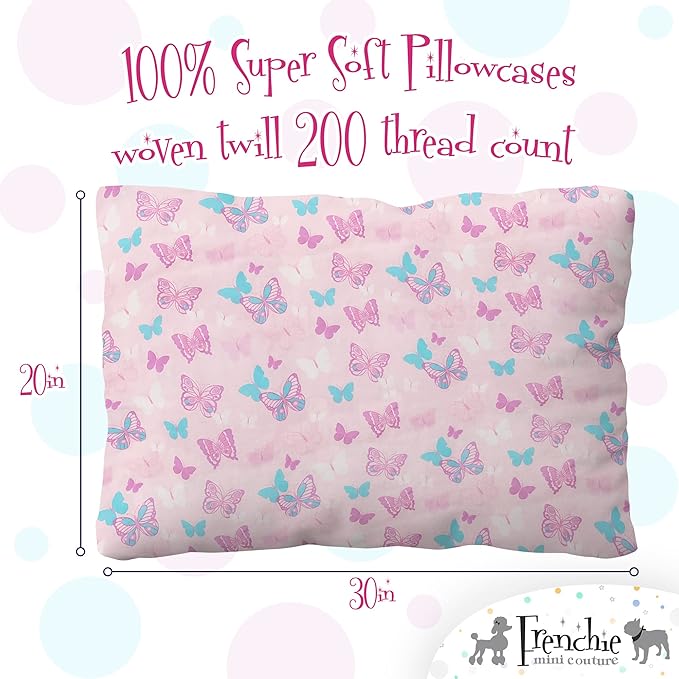 2-Piece Kids Twin Sheets Set, 100% Woven Cotton, Deep Pocket Bed Sheet 39 x 75 x 15in + Pillowcase 20 x 30, Butterfly (Pink)