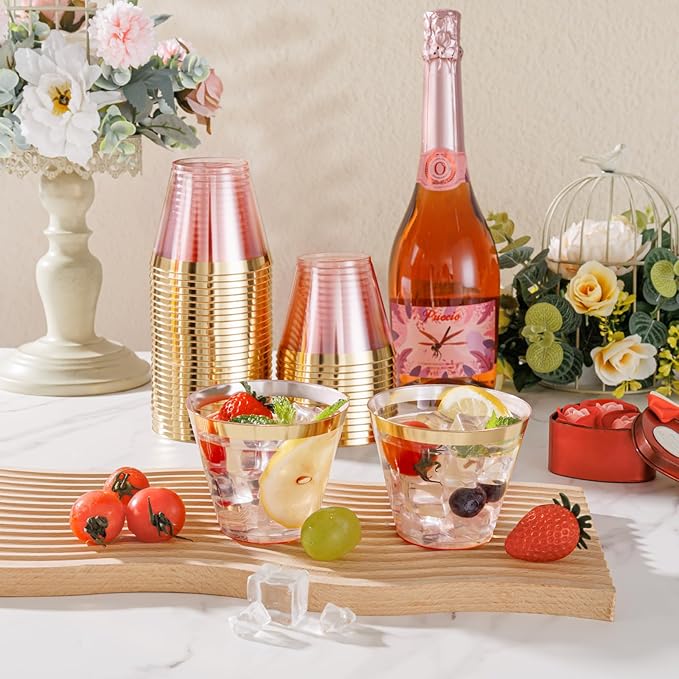 supernal 100 Pcs Pink Plastic Cups, 9oz Pink Disposable Cups with Gold Rim, Plastic Wine Cocktail Glasses Perfect for Party, Wedding and Birthday, Cute Cocktail Party Cup Disposable