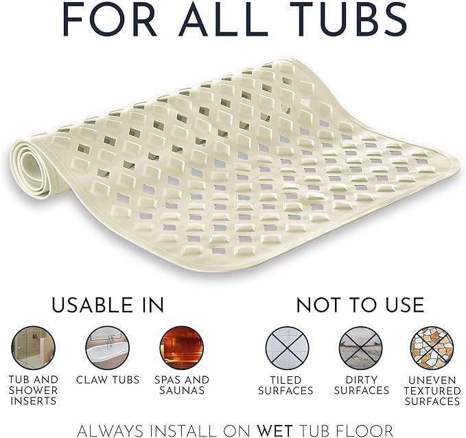 homerella® Bath Mat for Tub Non Slip Mold Resistant 35x16 - Shower Mat Anti Mold - Bath Mat Suction Cups incl. Hooks for Drying - Bathtub Mat Non Slip - ANI Slip Shower Mat Inside