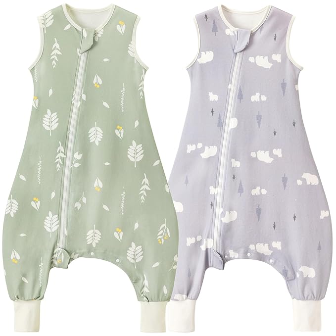 2 Pack Super Soft 0.5 TOG Sleep Sack with Legs, 100% Organic Cotton Side Open Toddler Sleep Sack with Feet, Foliage & Bear, Size L