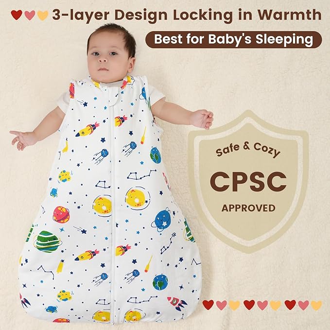 PHF 100% Cotton Baby Sleep Sack 12-18 Months, 2.5 TOG Winter Baby Wearable Blanket with 2-Way Zipper, Warm Comfy Quilted Sleeping Bags, Infant Sleeping Sack for Newborn Boys, Large Size, Space