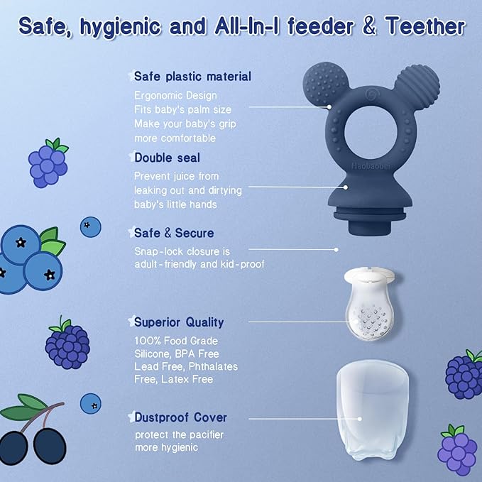 Baby Fruit Feeder Set – 3-Size Silicone Teether with Ice Cube Tray | Leakproof Self-Feeder for 3-24 Months | BPA-Free, Dishwasher Safe | Baby-Led Weaning Essential (Green Blue)