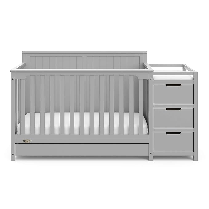 Graco Hadley All-in-One Convertible Crib & Changer (Pebble Gray) – GREENGUARD Gold Certified, Fits Standard Crib Mattress, Converts to Toddler Bed and Full Bed, 4 Adjustable Mattress Heights